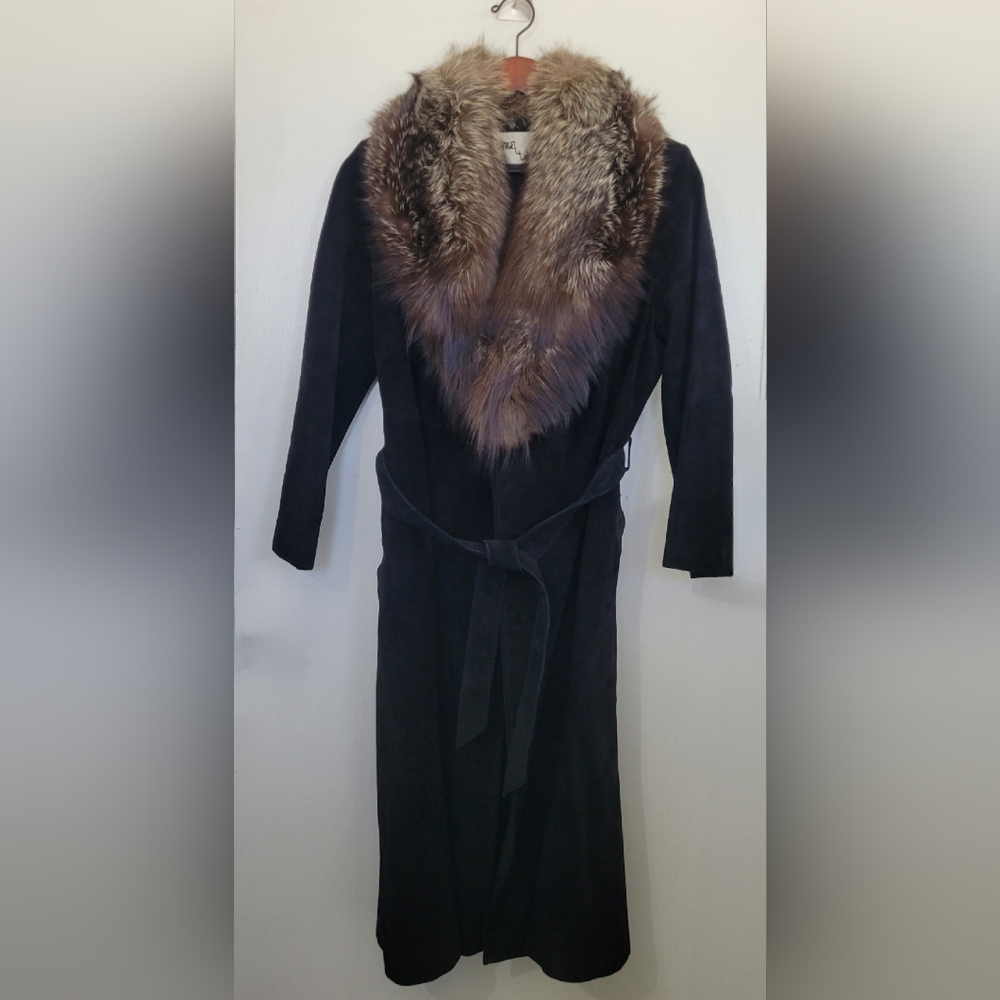 Vintage Genuine Black Suede Coat with  Mink Fur Collar